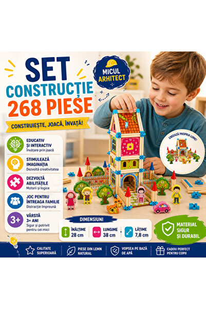 SMARTECH Set de construcții din lemn cu 268 de piese pentru copii, Micul Arhi...