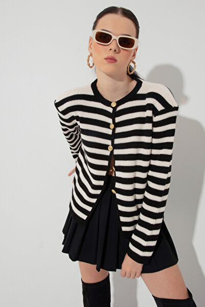 Lafaba Women's Black Striped Crew Neck Padded Gold Button Detailed Knitwear C...
