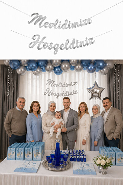 Parti dolabı 1 Adet Gümüş Mevlidimize Hoşgeldiniz Kaligrafi Yazı Banner Sünne...