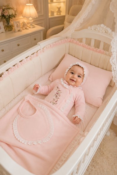 Sitilin Baby Girl 100% Cotton Natural Flower Embroidered Lace Detailed 3-Piece Hospital Exit Set Stl7078
