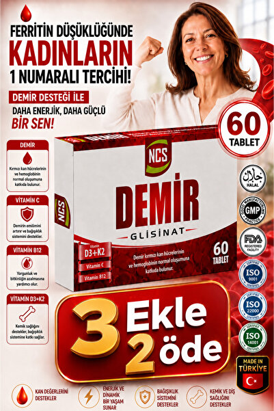 NCS Demir Glisinat Vitamin C 60 Tablet Vitamin D3 K2 Folik Asit Complex Bisgl...