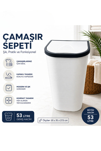 Turkco 53 Litre Büyük Boy Kapaklı Çamaşır Sepeti Dar Alan Uyumlu Banyo Kirli ...
