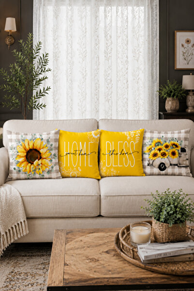 Bebişim Halı Yellow Sunflower Patterned Home Written Decorative Throw Pillow ...