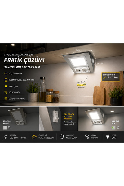 kialed Tezgah Altı LED Aydınlatma Çift Prizli Anahtarlı Paslanmaz Çelik Dolap...