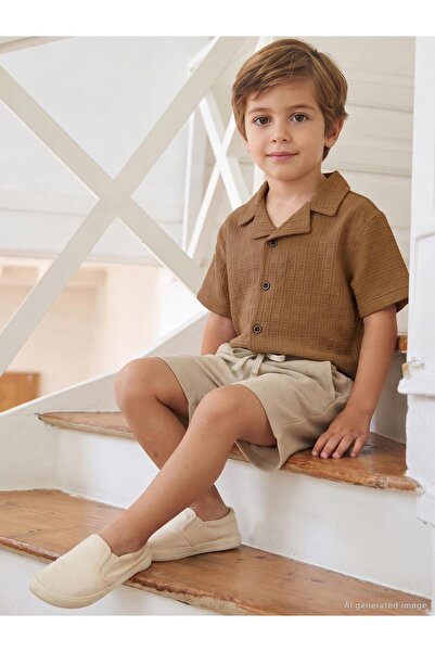 Civil Boys Square Textured Holiday Collar Shirt for 2-5 Years Old - Brown