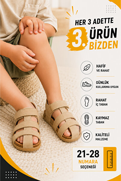 Ayakkabı Deryası Unisex Çocuk Sandalet Yazlık Cırt Cırtlı Rahat Günlük Bej 21-28