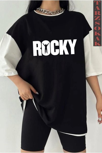 Tarzsokak Crna Oversize kroj Dvostruka boja ROCKY Štampano unisex majica