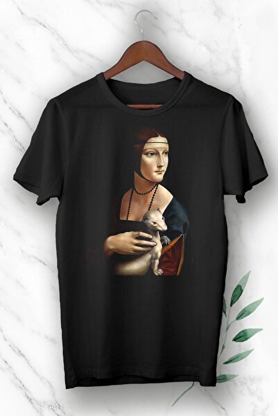 perseusshopping Tricou negru unisex imprimat Leonardo Da Vinci - Pictură cu i...