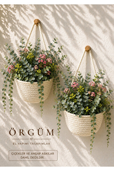 EGE ÖRGÜM Saksılık Mini Dekoratif Askı Sepet 2'li Mini Çiçeklik 12x10 Cm ( Bi...