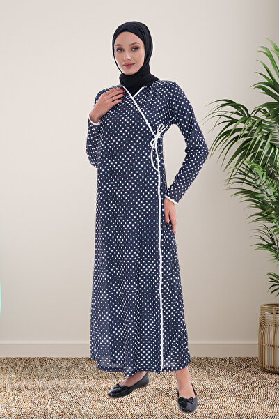 incy style Yandan Bağlamalı Lacivert Puantiyeli Beyaz Biye Rahat Pratik Namaz...