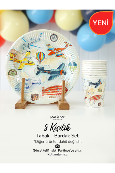 partince 8 Kişilik Uçak Tema Mavi Rota Tabak Bardak Set Kullan At Karton Taba...