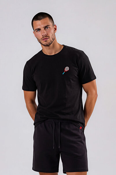 RunGear Up Erkek %100 Pamuk Tenis Raketi Nakışlı T-shirt - Sportif Casual Reg...