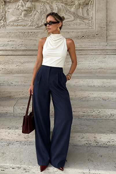 Seeh Navy Blue Wide Leg Women's Fabric Trousers Sh341