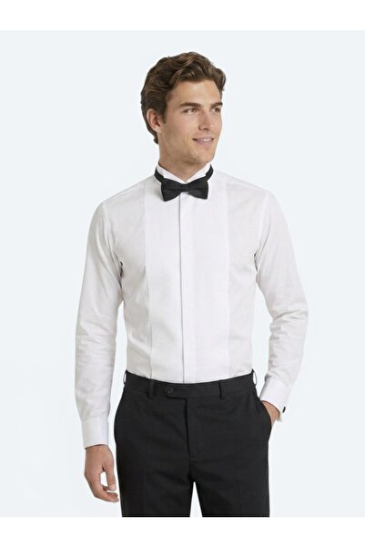 Kip White Plain Slim Fit Double Cuff Turtle Collar Tuxedo Shirt
