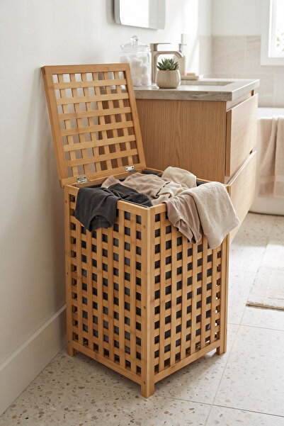 Frapan Home Bambu Kirli Çamaşır Sepeti Kapaklı Kumaş Hazneli 50 Litre 40x40x58 cm