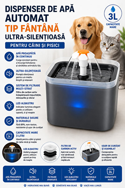 Fish & Paws Dispenser de apa automat ® tip fantana ultra-sientioasa pentru ca...