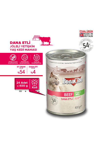 BonaCibo Jöleli Dana Etli Yaş Kedi Maması, 400 Gr X 24 Adet