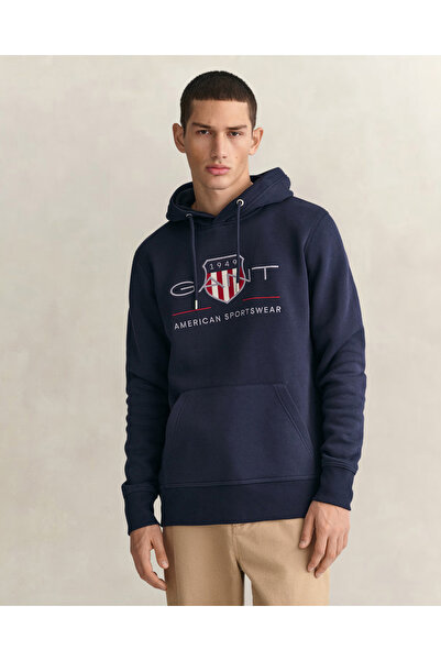 Gant Erkek Lacivert Regular Fit Kapüşonlu Logolu Sweatshirt