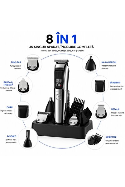 Soulima Trimmer 8-în-1 pentru păr și barbă, 3,5 x 6 x 22 cm, fără fir și cu f...