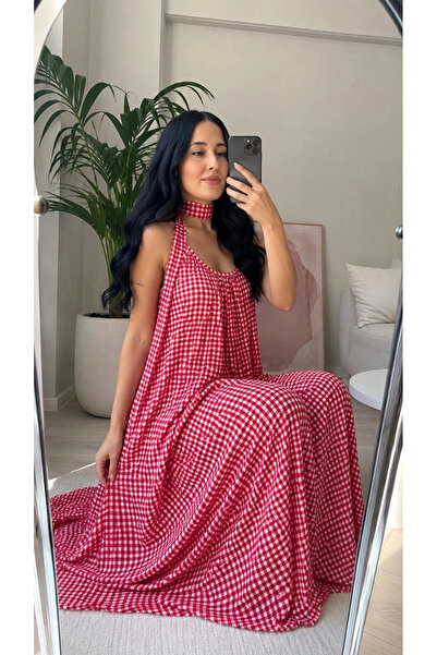 Myawomenswear Mya Womenswear Kırmızı Pötikare Desenli Boyundan Fular Detaylı ...