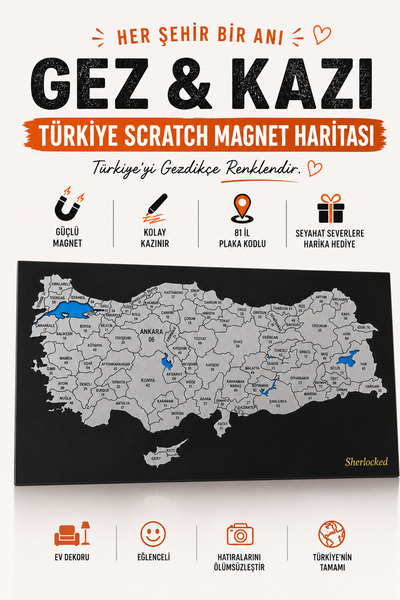 Sherlocked Gez Kazı Magnet Turkey Map (10X15) - Easy Scratch-Off Map - Scratc...