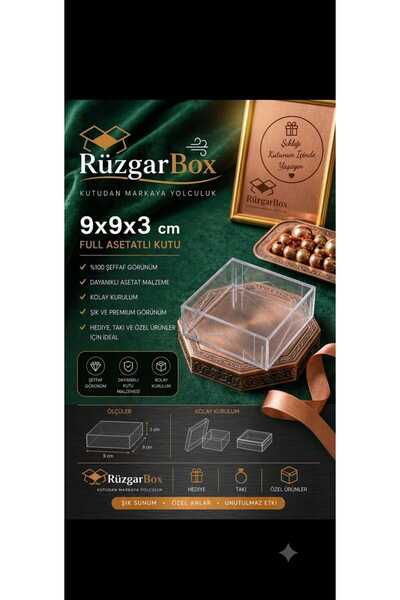 RUZGARBOX 9x9x3 cm Komple Asetat Kapaklı Hediye Kutusu 25'li Paket