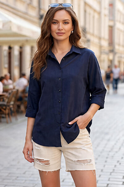 Merterium Women's Oversize Long Shirt Navy Blue 1001