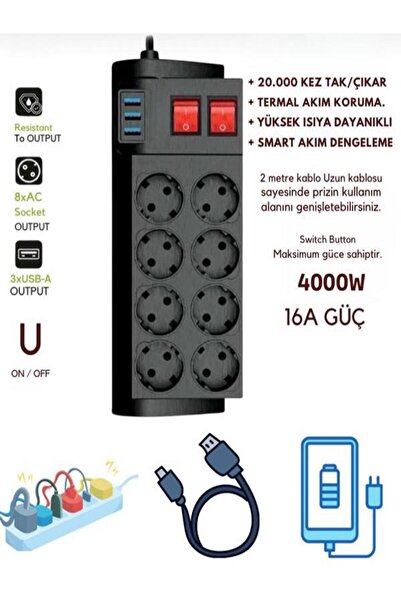 FEDDY 4000W, 16A, Akım Korumalı Priz 8XPRİZ, 3XUSB, 2mt Kablo, Çoklayıcı