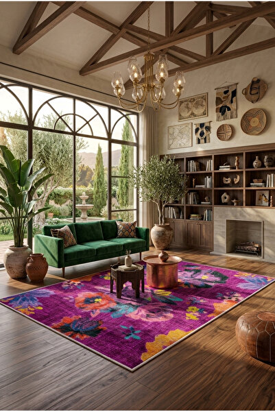 eco concept Mais Serisi Dijital Baskı Halı Renkli Çiçekli Desen Salon Halısı Yıkanabilir Kaymaz Taban Yolluk, Mutfak Halısı