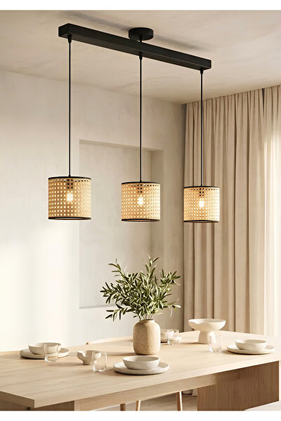 HOMİNG Loft 3'lü Sarkıt Hazeran Orijinal Rattan-Salon Mutfak Antre Yemek Masa...