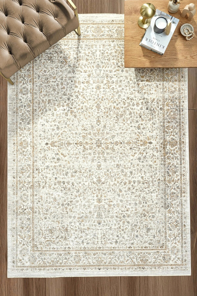 Eliz Home Eskitme Vintage Bordürlü Halı Bambu Polyester Oturma Odası Salon Mu...