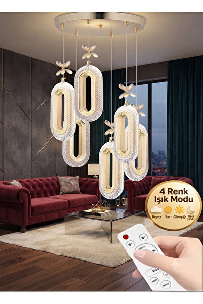 Lüxev Lighting Elips Model 6'lı Gold 3 Renk Modu Ledli Kristal Taşlı Modern S...