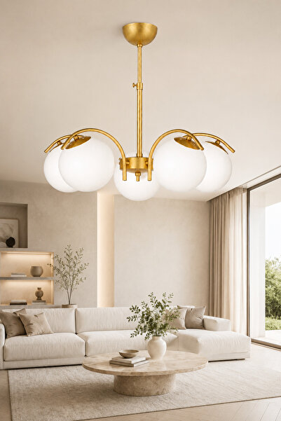 ESSLİGHT Sena 5’li Eskitme Beyaz Camlı Modern Salon Mutfak Yatak Odası Avizesi