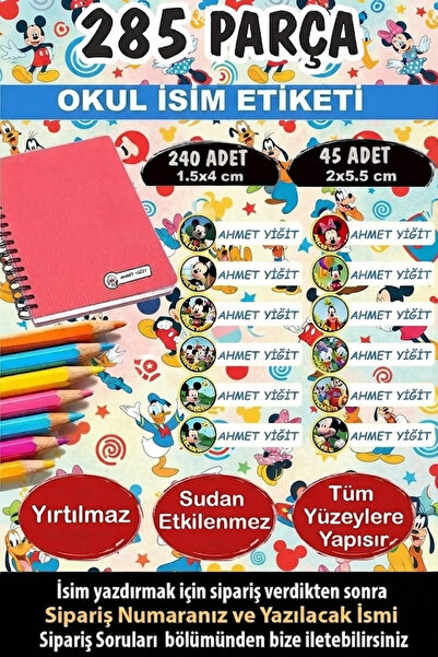 KT Decor Okul Kalem Defter Etiketi Mickey Mouse İsimli Etiket 12 Figür 285 Adet