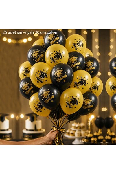 partidolu Mezuniyet Partisi İçin Baskılı Lateks Balon Sarı Siyah Renk 25 Adet