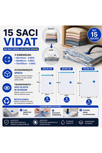 SMARTECH Set 15 pungi de depozitare vidate, 3 dimensiuni, reutilizabile, tran...
