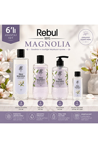 Rebul Magnolia 6’lı Set: 3x250ml Cam Şişeli Kolonya, 500ml Duş Jeli, 500ml Sı...