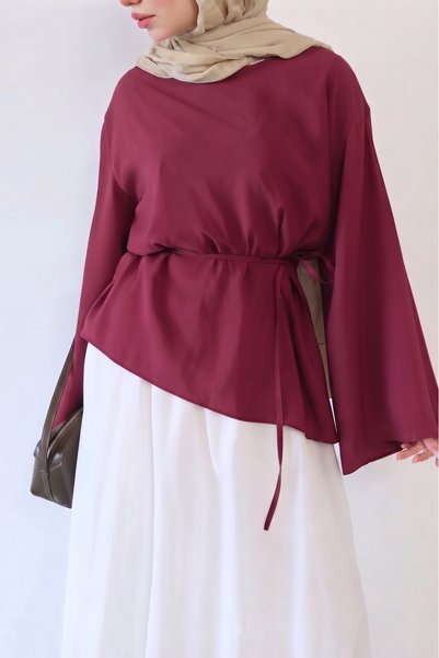 Trend Paris Tencel Asymmetrical Cut Lace-Up Blouse Burgundy