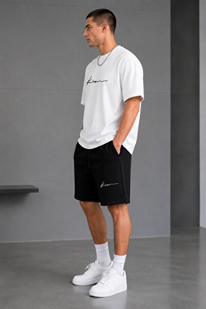 ZAVIXO Men's Black Oversize Shorts Set Printed Modern Look Casual Style