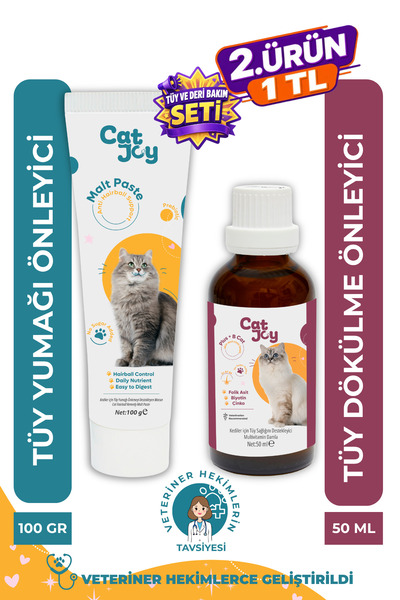 CATJOY Süper 2 li Tüy ve Deri Bakım Seti, Anti-Hairball Malt Macun 100gr Ve B...