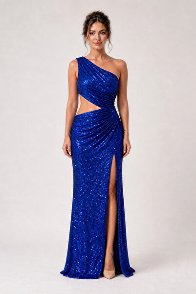 Moon Of Dress Sak Mavisi Tek Omuz Cut-Out Payetli Balık Uzun Abiye Elbise