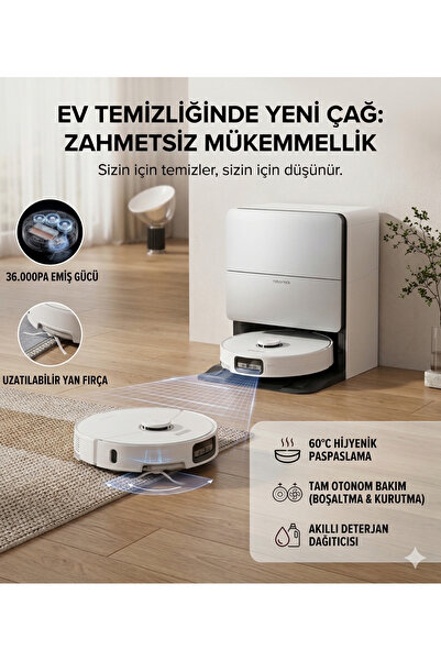 Roborock 36.000Pa Yüksek Emiş Gücü, Engel Algılama, Dolaşmayan Fırça Premium ...
