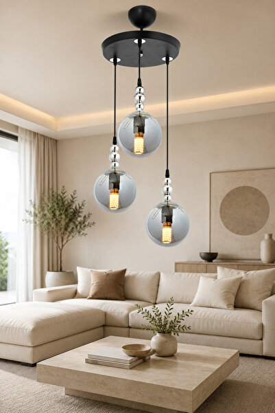 ESSLİGHT Toros 3’lü Füme Camlı Modern Salon Mutfak Yatak Odası Avizesi