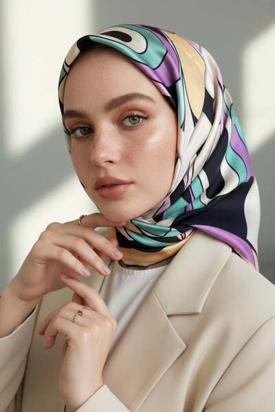 Vissona 100% Twill İpek Geometrik Desenli Lacivert - Lila Renkli 90x90 Dikim ...