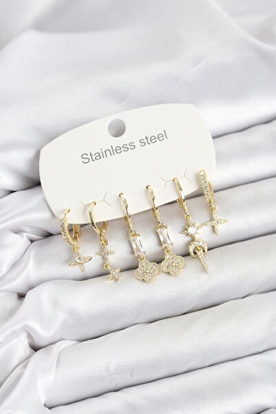 Inure Jewelry طقم أقراط نسائية من الفولاذ 316L باللون الذهبي مع تفاصيل من حجر...