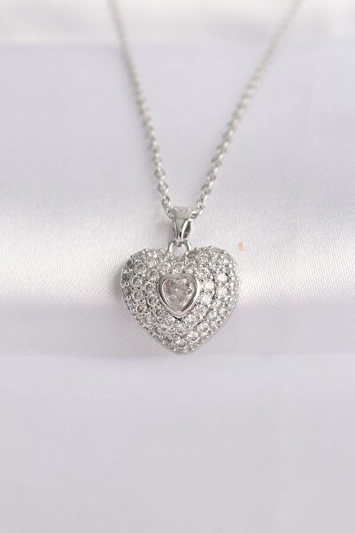 Inure Jewelry 316L Steel Chain Silver Color Zircon Stone Heart Necklace