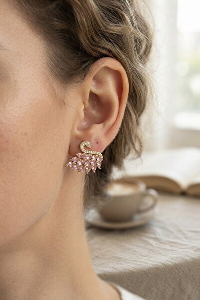 Inure Jewelry أقراط نسائية من حجر الزركون الوردي على شكل بجعة ذهبية