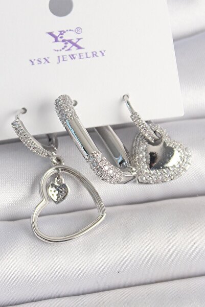 Inure Jewelry Brass Silver Color Dangle Zircon Stone Heart Model 3-Piece Wome...