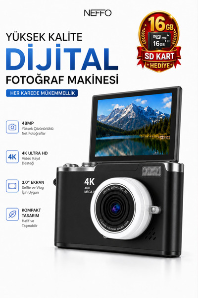 4K Digital Retro Video Camera 48MP SD Card Gift Digital Vlog Camera with Flash (16GB)