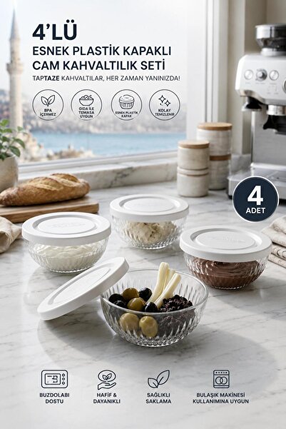 Tercih Home 4-Piece Glass Breakfast Storage Container with White Lid 110Cc Gl...